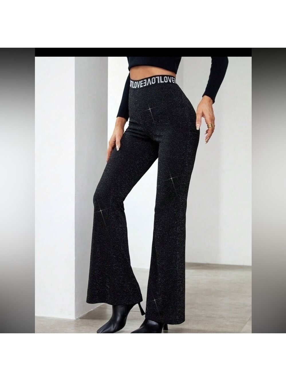 SHEIN Privé Letter Graphic Flare Leg Lurex Metallic Pants black Sz XL